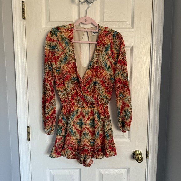 Show Me Your MuMu Pants - Show Me Your Mumu Boho Paisley Print Ruffle Hem Romper Long Sleeve Keyhole Small